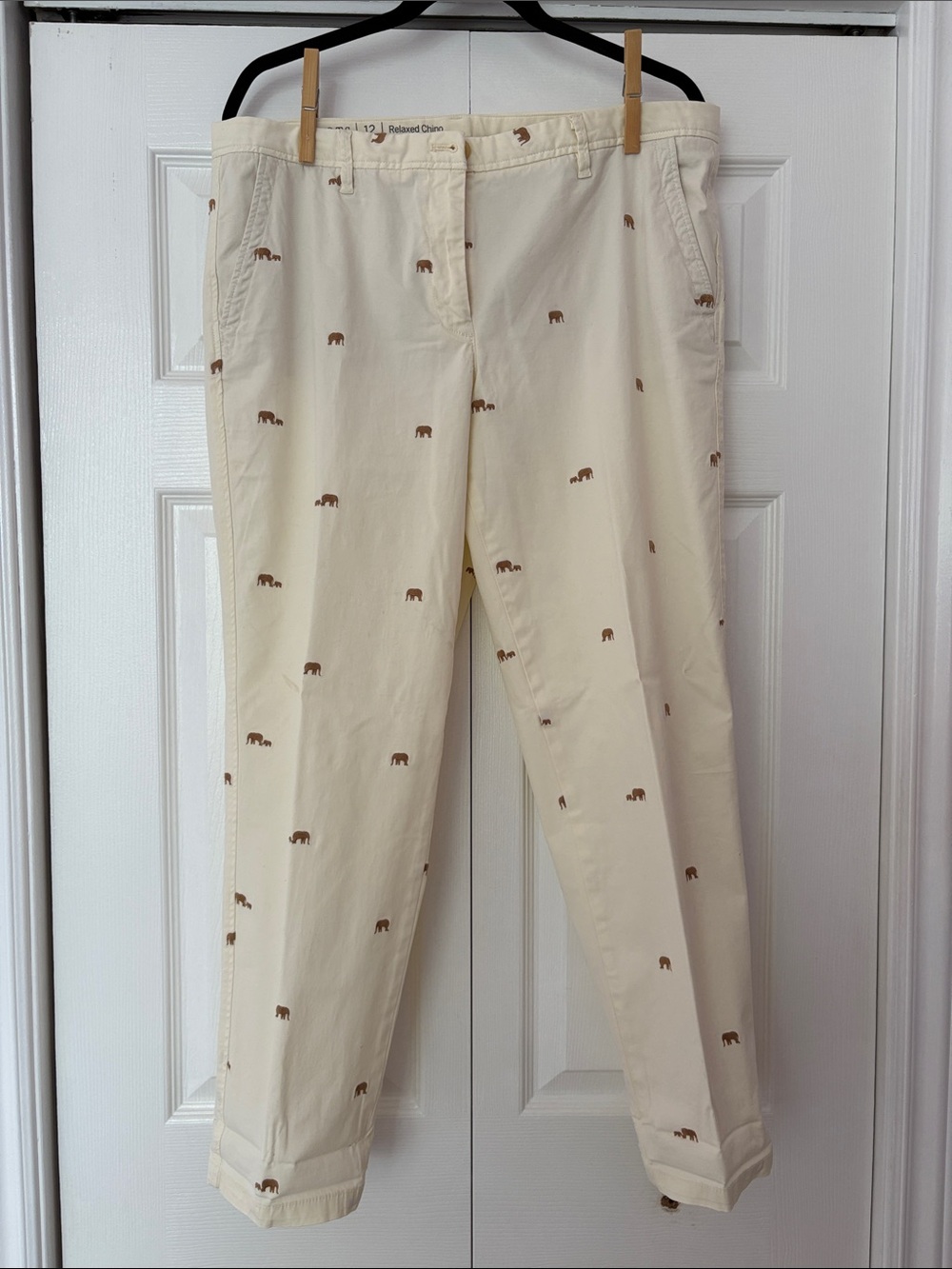 Talbots Cream Straight-Leg Pants with Brown Elephant Embroidery